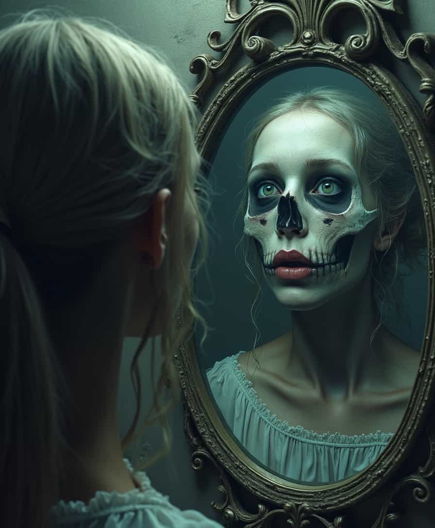 a girl with face near the mirror and saw her skull face in mirror, horror background, dark atmosphere, low light