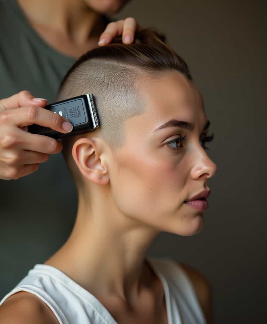woman headshaving her hair with clippers, showing shaved head