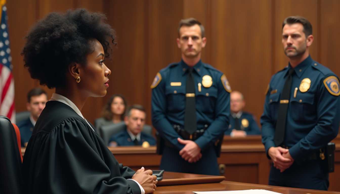 A courtroom scene with a female judge sitting at the judge's bench, her skin tone is medium-dark, she has short curly black hair, wearing a black judicial robe, and looking seriously at two male police officers. The two police officers are standing next to each other, both with light skin tones, wearing dark blue police uniforms with badges, looking forward with neutral expressions. The background shows a formal wooden courtroom setting with warm lighting, an American flag in the corner, and an audience slightly blurred in the background for depth of field. style photorealistic