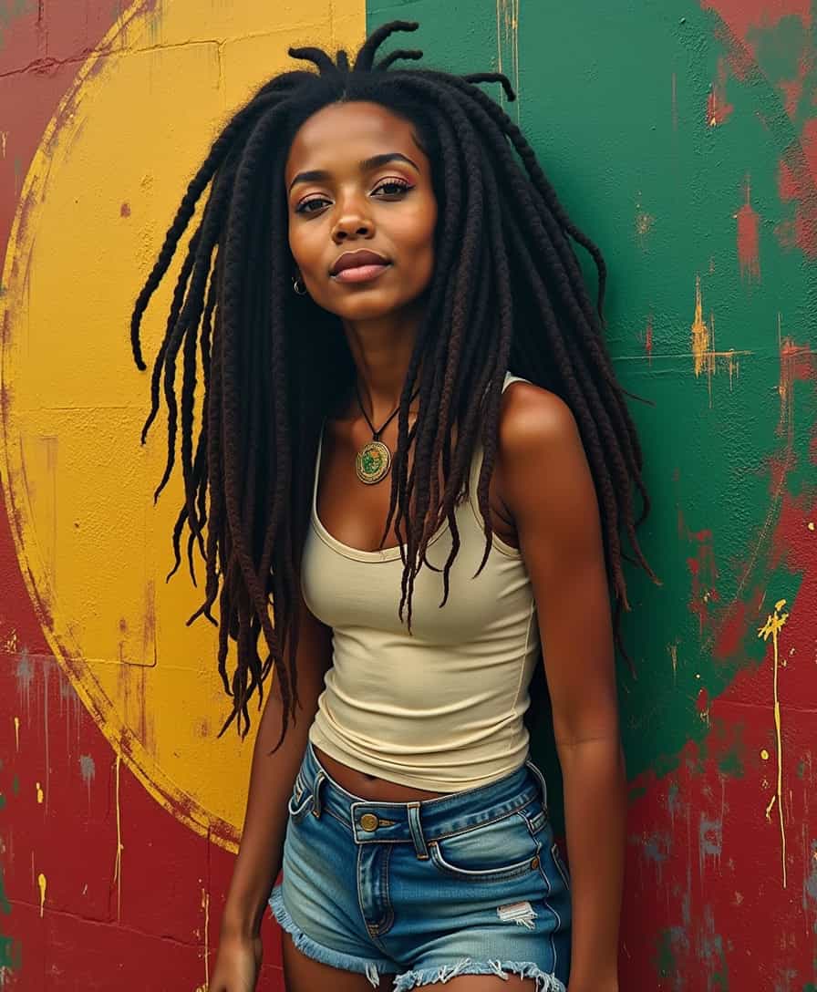 Brazilian girl with tank top and shorts standing in front of Illustrate a modern interpretation of  bob marley  urban mural, blending traditional Rastafarian elements with contemporary street art influences