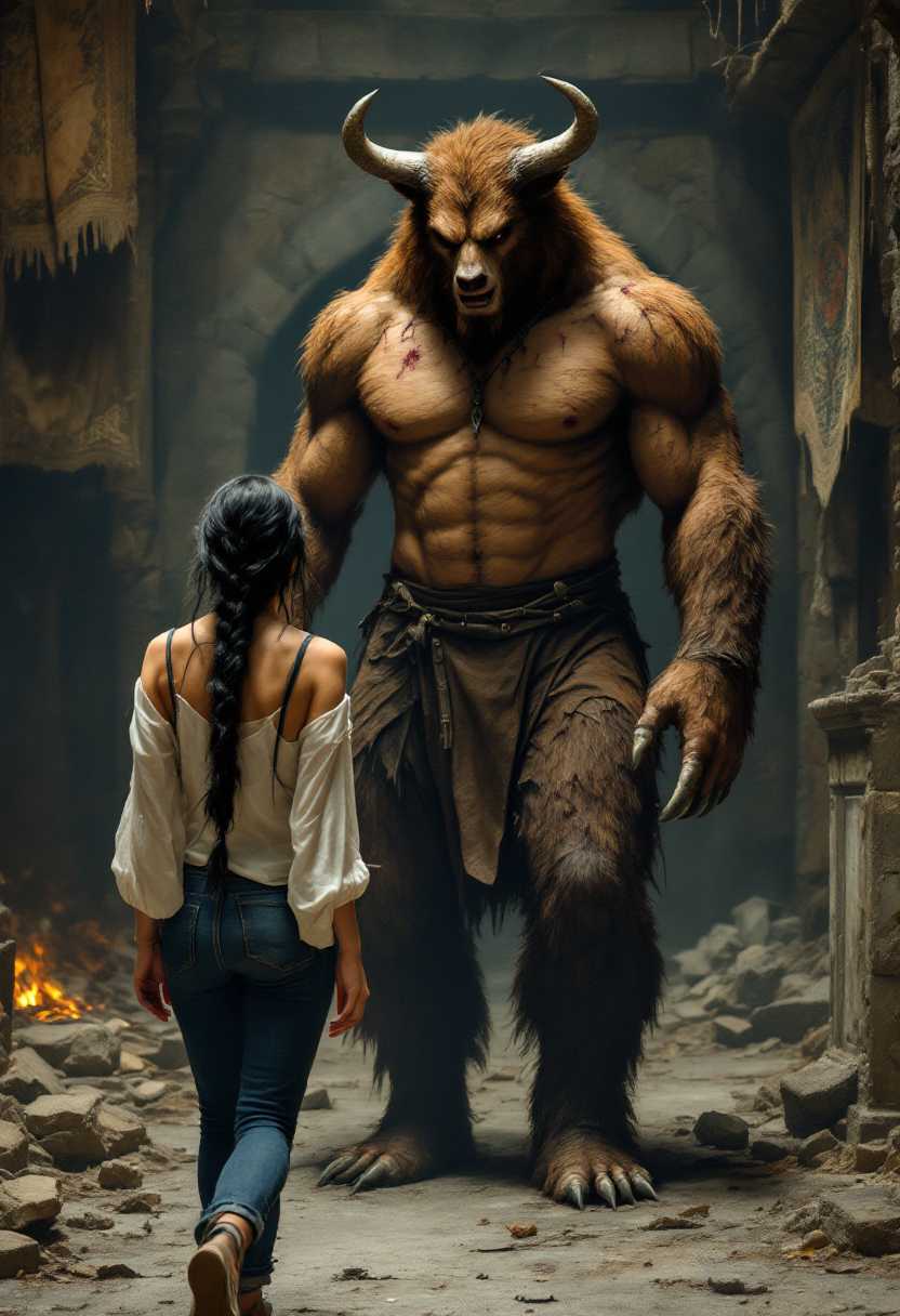 a 39 year old woman with long black hair in a braid, wearing jeans and a white blouse, walking in the inside an ancient castle. All of the furnishing are broken and rotten, tattered tapestries hang on the wall. The fireplace is dirty and full of ashes.  In front of her stands The Beast, a tall figure with the head of a bull, the body of a bear, and hands with claws. He is covered in brown fur and wears a pair of old leather pants.   His bare chest is covered in scars and old wounds