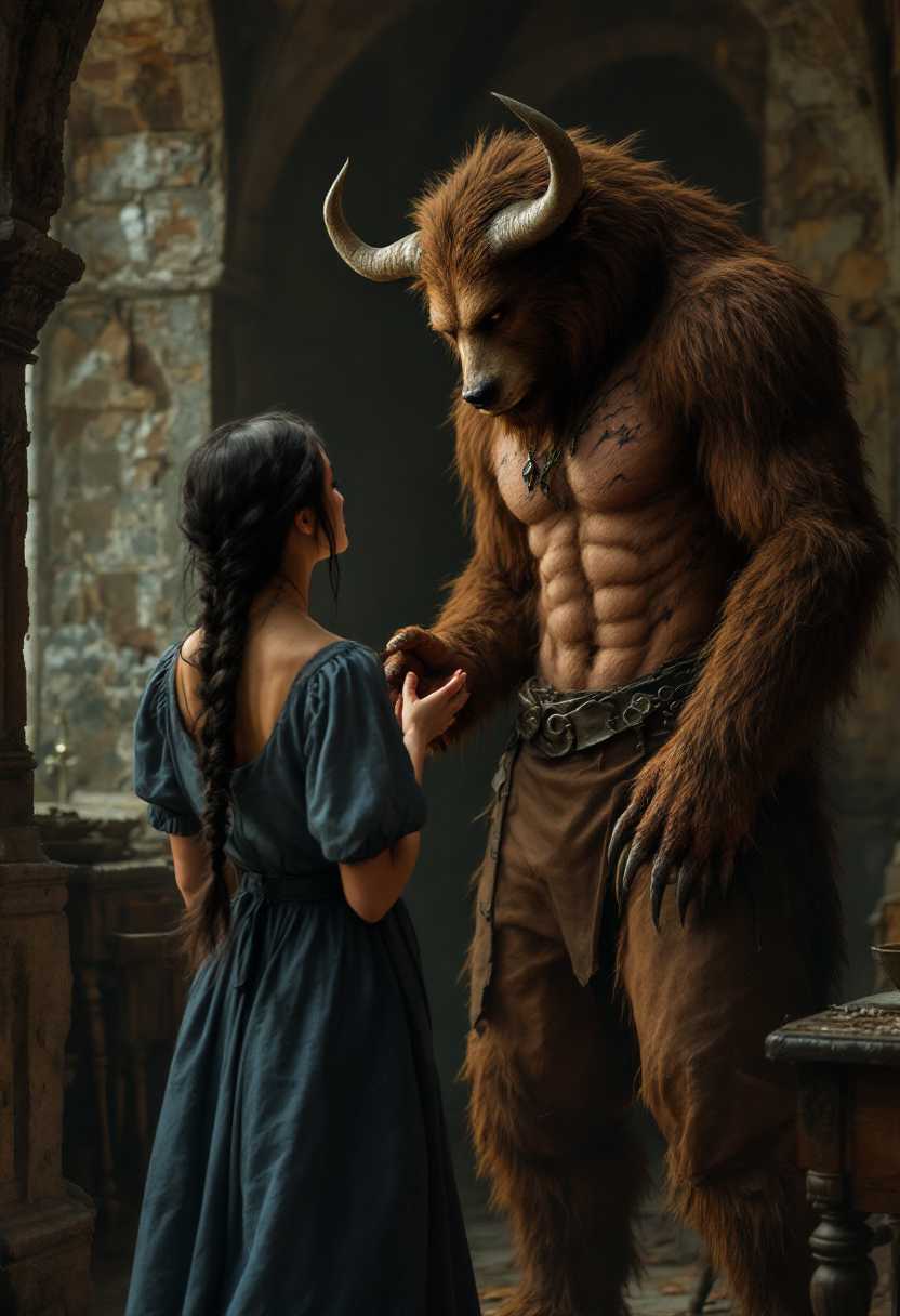 a 39 year old woman with long black hair in a braid, wearing a blue peasant dress, walking in the inside an ancient castle.  She is cleaning an old dining room, full of old furniture and very dusty, like it had not been cleaned in 100 years In front of her stands The Beast, a tall figure with the head of a bull, the body of a bear, and hands with claws. He is covered in brown fur and wears a pair of old leather pants.   His bare chest is covered in scars and old wounds. He looks sad. He holds out his hand to her.
