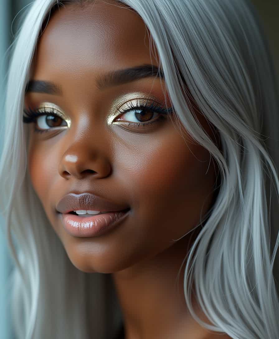 Hyper detailed, extremely detailed, UHD, 8k, 35mm, Canon EOS 5D, portrait of black female teenager, intrinsic detailed skin, bright clear eyes, straight silver hair, massive metallic makeup, silver and golden eye shadow, light mascara, slight smile, perfect teeth,