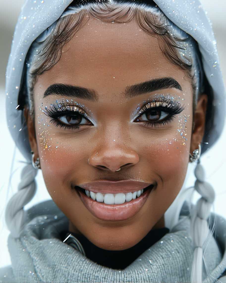 Hyper detailed, extremely detailed, UHD, 8k, 35mm, Canon EOS 5D, portrait of black female teenager, intrinsic detailed skin, bright clear eyes, straight silver hair, massive metallic makeup, silver and golden eye shadow, light mascara, slight smile, perfect teeth,