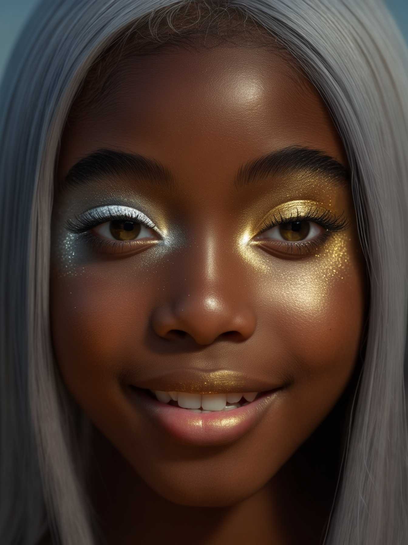 **Hyper detailed, extremely detailed, UHD, 8k portrait of a black female teenager**, captured with a **35mm lens on a Canon EOS 5D**, showcasing:

- **Intrinsic detailed skin** with a natural, luminous glow, emphasizing the texture and pore structure.
- **Bright, clear eyes** that sparkle with life, reflecting ambient light.
- **Straight silver hair**, flowing and lustrous, with each strand defined and highlighted by the camera's depth of field.
- **Massive metallic makeup**: 
  - **Silver and golden eye shadow** applied with precision, creating an otherworldly effect, blending seamlessly into the skin.
  - **Light mascara** that adds just a hint of volume to the lashes, enhancing the eyes' expressiveness.
- **Slight smile** that reveals **perfect teeth**, captured with a soft focus to maintain the image's natural feel.
  
*The composition features the subject slightly off-center, with the hair framing the face to draw attention to the eyes and makeup. The lighting is soft, diffused from the side to highlight the metallic makeup, creating a subtle glow around the face. The mood is serene yet captivating, with the ambiance suggesting a calm, early evening light, perfect for showcasing the intricate details of the subject's appearance. The image should evoke a sense of timeless elegance, blending contemporary fashion with classic portraiture techniques.*