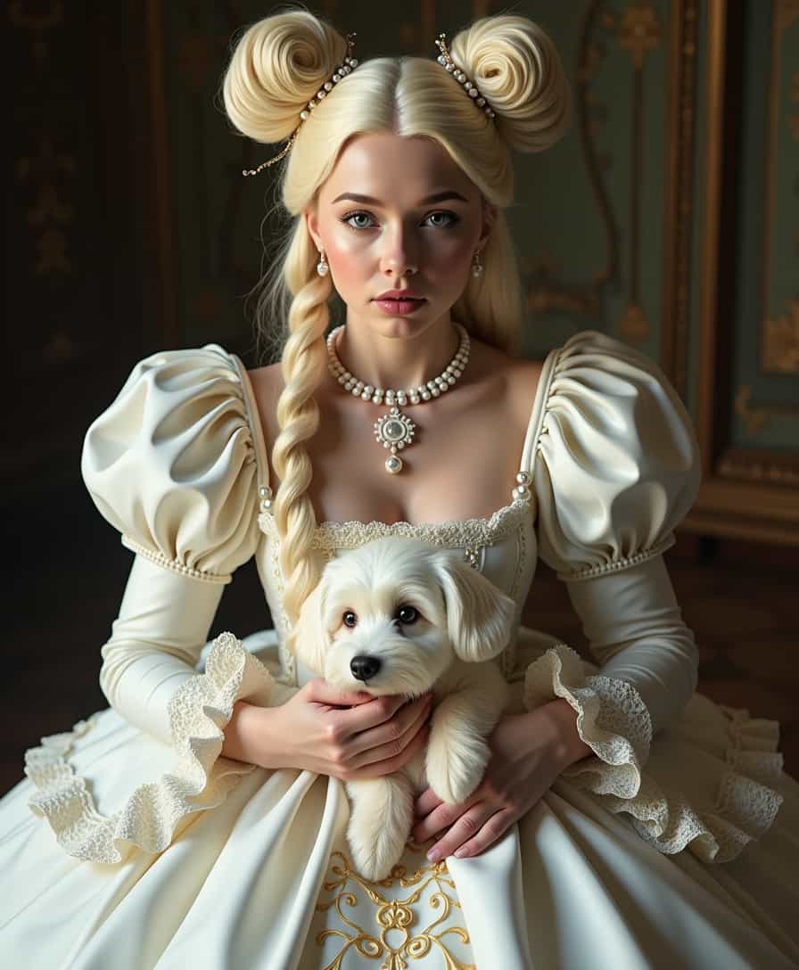 SUBJECT : wide shot, Marie Antoinette and her doggo, ironsteel pigtails, white complex clothing, stands on, looks from above, disgusted face | STYLE : image made in a cake with frosting and sprinkles