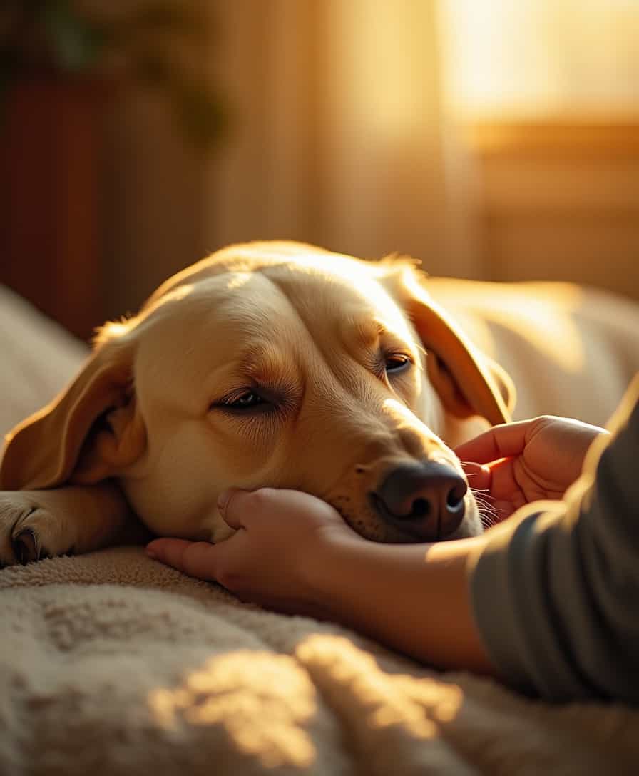 A serene moment between a senior Labrador and their owner, bathed in warm, golden light. The dog rests peacefully, eyes half-closed, as gentle hands hover just above its fur, radiating a soft, glowing energy. The atmosphere is tranquil and intimate, with cozy surroundings--perhaps a sunlit living room or a quiet garden. The scene conveys deep love, healing, and emotional connection, evoking warmth and comfort, magazine photography 