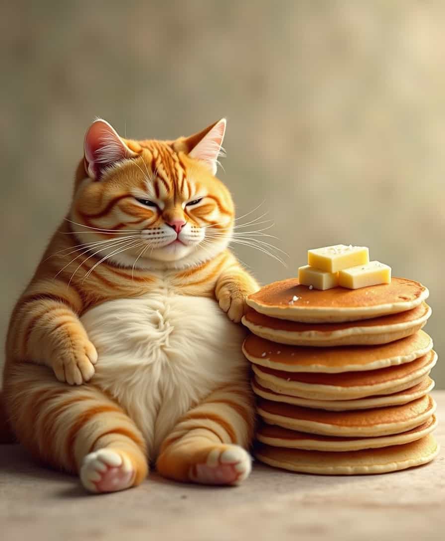 very fat cat lying next to a pile of pancakes