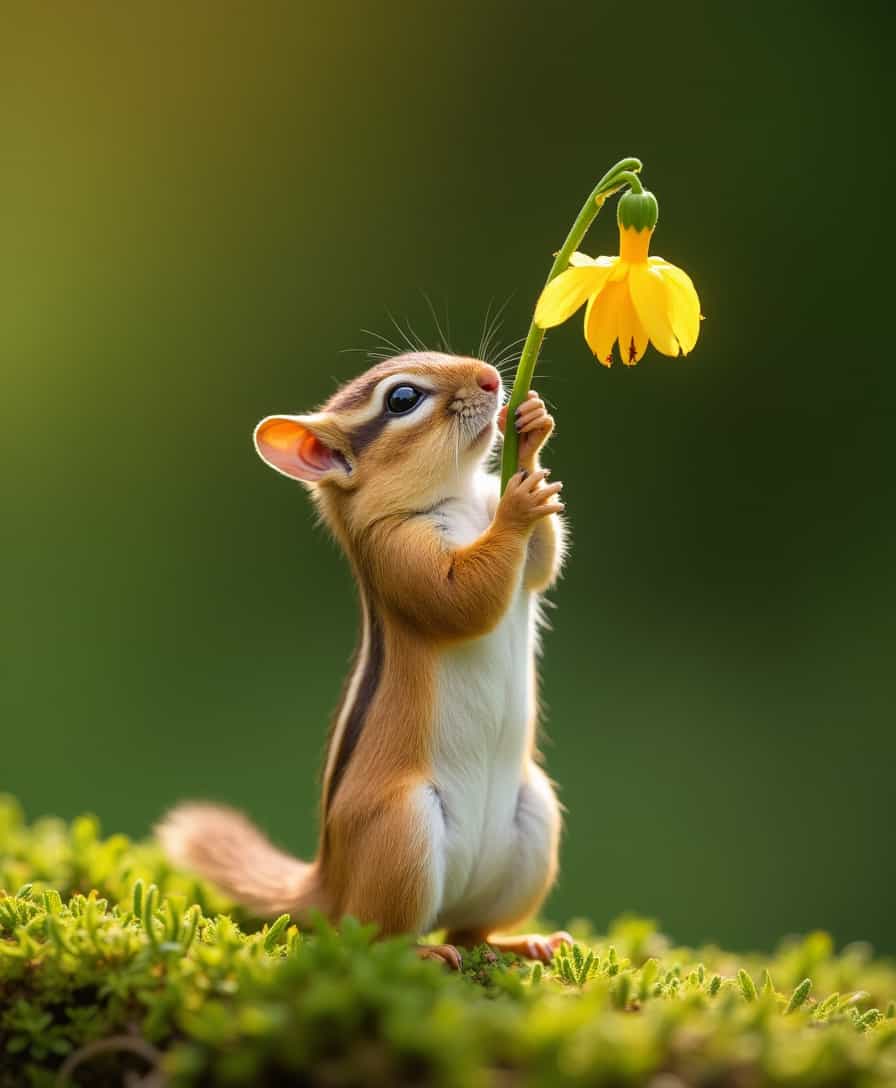 Photo of an adorable chipmunk standing on its hind legs and reaching up to pull down the stem from which it is eating grass, macro photography, National Geographic award winner, nature, wildlife photography, National Geographic photo, macro lens, green moss background, yellow flower hanging in the air, Sony Alpha A7 III, Nikon D850, Nikon AF-S NIKKOR 24-70mm f/2.8G ED VR Lens II. Stuffed toy 6k. 