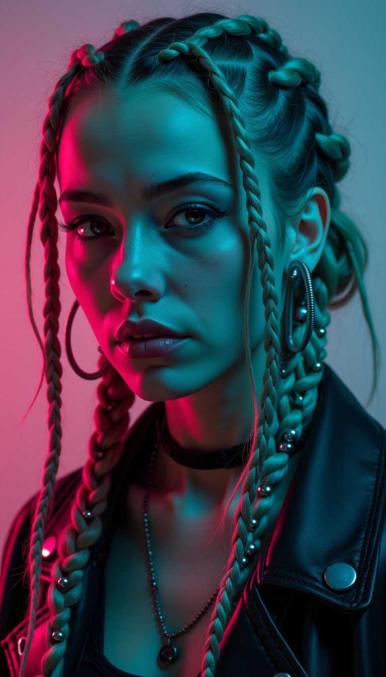 cyberpunk style, dark turquoise and pink light, only European white girl with many different dreadlocks, metal beads braids. 