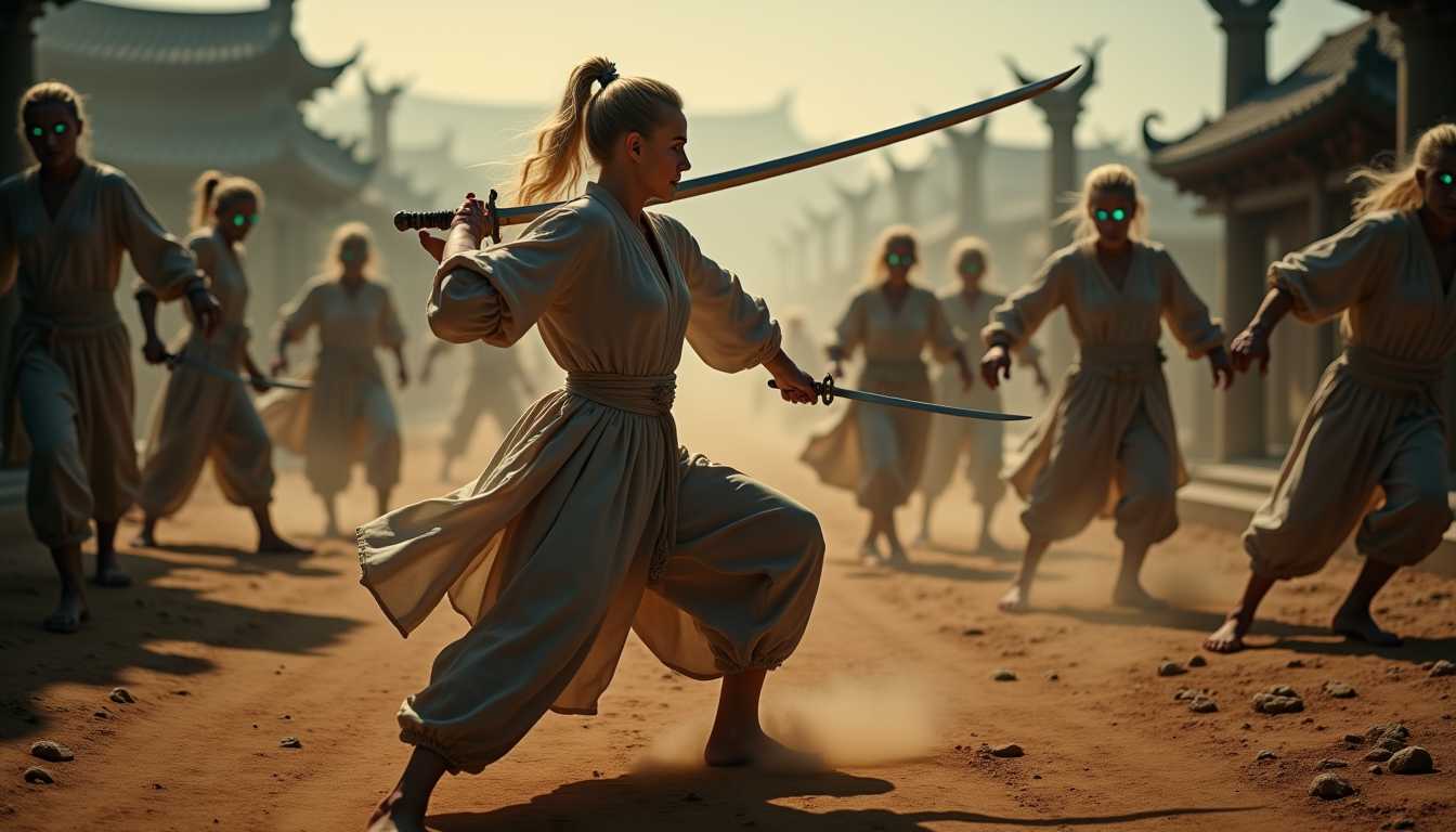 a photo of lanmei, **Prompt:**

Craft a detailed image of a *female warrior* named Lanmei engaged in combat with **zombies** in the heart of **ancient China**. Here's how the scene should unfold:

- **Subject:** Lanmei, the warrior, wielding two **delicate swords** with **intricate designs** etched into the blades, one in each hand, showcasing her skill and precision.
  
- **Zombies:** These undead creatures have **bright blue, glowing eyes** and **long, white, tangled hair**, contrasting with their decaying skin, providing an eerie glow in the dimly lit scene.

- **Setting:** The battle takes place at **dusk**, with the **soft, golden hues** of the setting sun casting long shadows across the **ancient Chinese landscape**. 

- **Environment:** The ground is **cracked and barren**, surrounded by **crumbling ruins** of an old temple or village, adding to the post-apocalyptic atmosphere.

- **Lighting:** Utilize **chiaroscuro lighting** to enhance the dramatic effect, with highlights on Lanmei's swords and the zombies' eyes, while the rest of the scene fades into shadow.

- **Composition:** Capture the scene from a **low angle** to emphasize Lanmei's dominance over the zombies, positioning her slightly off-center with the zombies approaching from various directions, creating a dynamic and intense battle tableau.

- **Mood and Atmosphere:** The image should evoke a sense of **tension and bravery**, with the air filled with the **smell of decay and the dust of battle**. The atmosphere is **mysterious and ominous**, with the remnants of civilization fighting against the supernatural.



- **Technical Aspects:** Use **soft focus** in the background to blur the distant ruins, while keeping the foreground sharp to emphasize the combat. Employ **color grading** to give a **sepia tone** to the scene, except for the zombies' eyes and any magical elements which should remain vivid blue.

This scene should blend the **historical and mythical**, capturing the essence of ancient Chinese folklore with a modern twist, creating a visually compelling and emotionally charged image.
