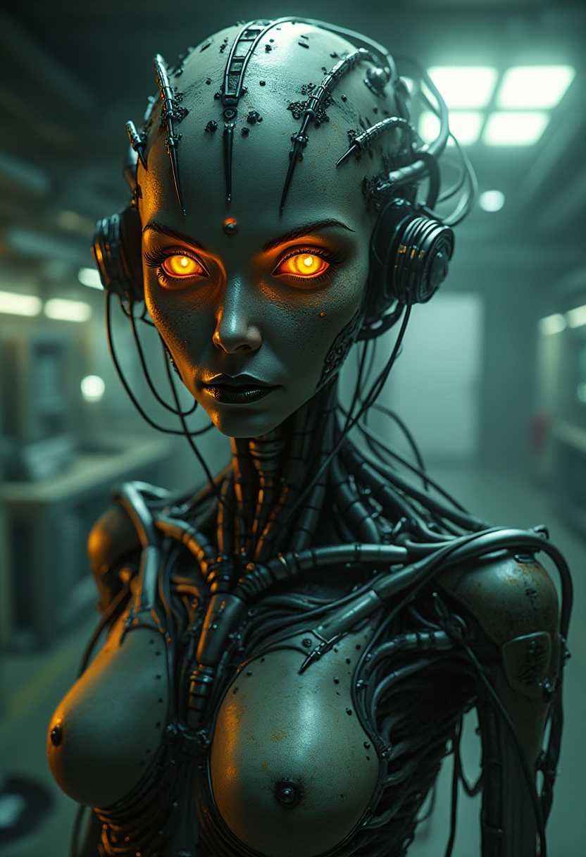 futuristic biopunk, portrait of a woman with dimly extremely detailed glowing orange eyes, featuring a crown-like metal structure on her head and a skeletal metal exoskeleton, with a focus on metallic textures and a dark, high-tech aesthetic, against an eerie backdrop of a dimly lit futuristic laboratory. Style of (Chris Cold:1.2) and style of (HR Giger:0.8), blend of organic and mechanical elements.