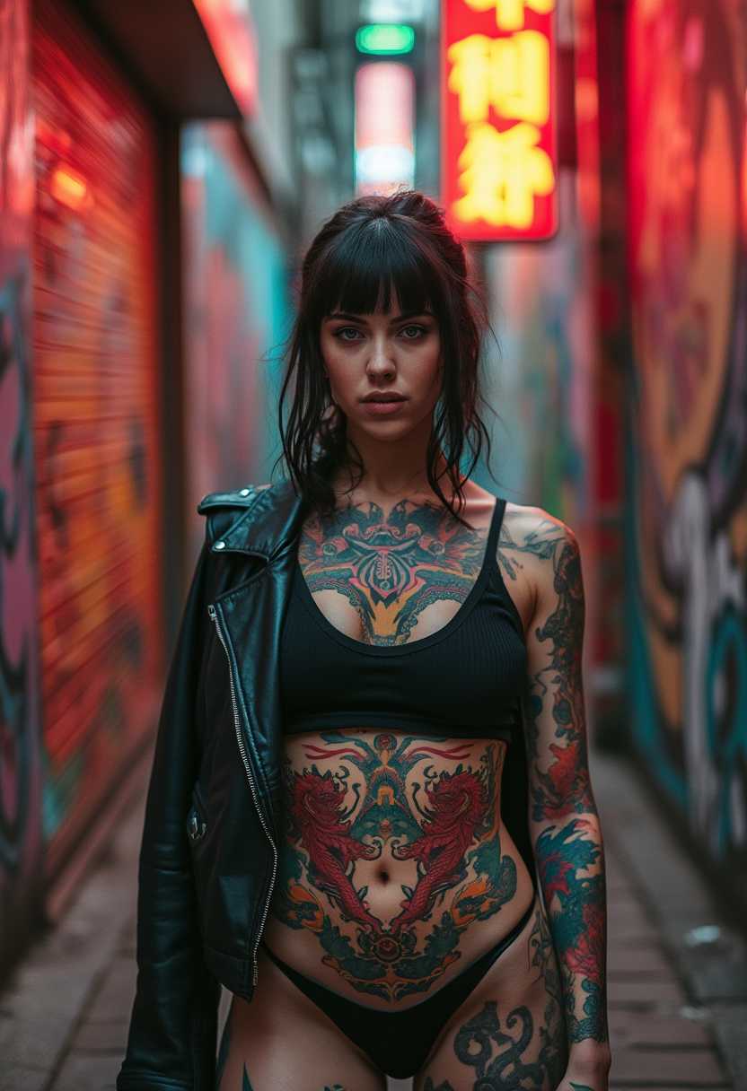 A gorgeous woman with an edgy, alternative style stands confidently in the heart of an urban environment, her body covered in stunning tattoos that blend traditional Japanese motifsâdragons, koi fish, and sakura blossomsâwith bold blackwork and modern abstract designs. Her tattoos are masterfully done, with vibrant colors and intricate details that reflect her fearless personality. She wears a black leather jacket draped over her shoulders and a minimalist outfit that highlights her inked skin. The setting is a gritty alleyway with colorful graffiti murals that complement her tattoos, and the mood is enhanced by neon signs glowing in the distance. Her expression is fierce yet captivating, and her pose radiates power and self-assurance. The lighting is dynamic, with contrasting neon highlights and soft shadows that create a dramatic, almost cinematic effect.