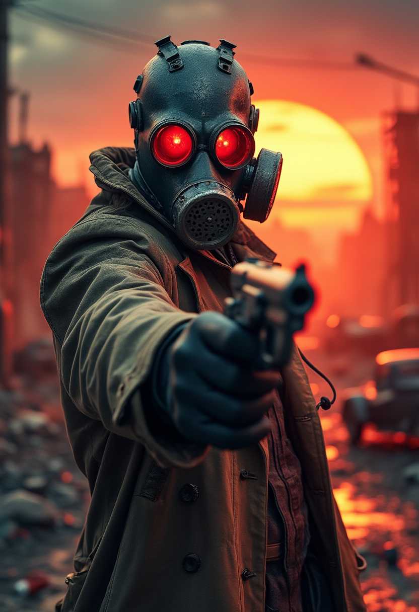 A post-apocalyptic scene featuring a menacing figure in a rugged trench coat and a heavily weathered gas mask. The character is pointing a revolver directly at the viewer, creating a sense of immediate danger and intensity. The gas mask is detailed with metallic textures, glowing red lenses, and a perforated, industrial design. The background shows a devastated cityscape engulfed in a fiery red glow from a setting sun, with ruined buildings and abandoned vehicles adding to the apocalyptic atmosphere. The lighting emphasizes the character's worn-out clothing and the metallic reflections of the gas mask, enhancing the gritty and dramatic mood. The image is hyper-realistic, with sharp details and a vivid contrast of warm and dark tones-ultra-detailed.