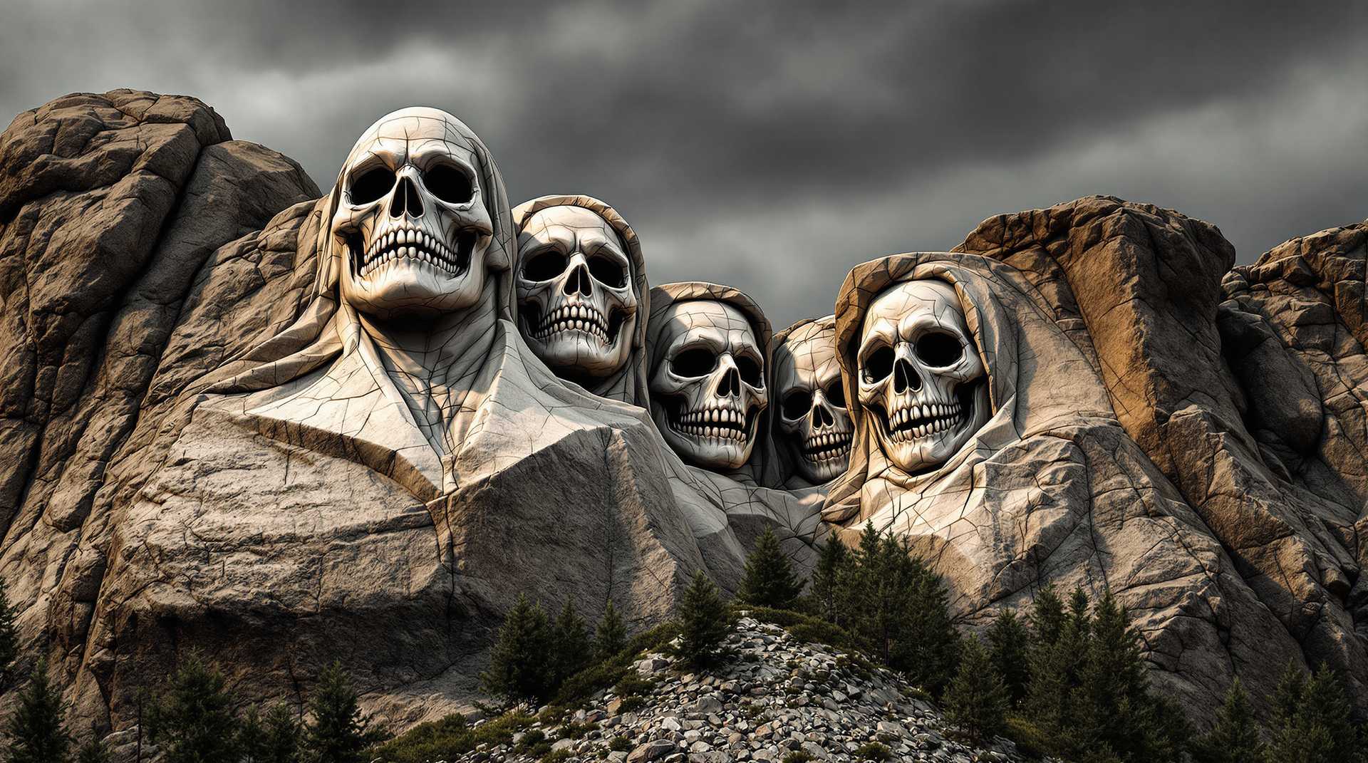 An epic Mount Rushmore-style monument carved into a rocky mountain, featuring the faces of four Grim Reapers with menacing grin. The carvings should blend naturally into the rocky surface with realistic shadows and depth, while the background features a gloomy sky with wispy clouds. The image should be high-detail, ultra-realistic, and cinematic💀💀💀