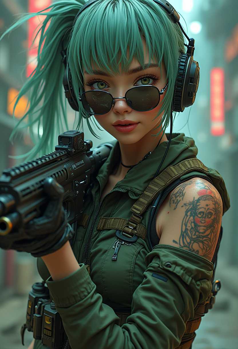 Anime-inspired cyberpunk atmosphere, full body portrait of a stunning girl android witcher wielding a massive rifle, clad in a tactical suit that accentuates her unique hair and striking green eyes. Her skin is adorned with intricate geometrical scars, showcasing her cybernetic implant aesthetic, while biomechanical body parts seamlessly blend with her cool casual wear. Reflective mirror glasses shield her gaze, and tattoos weave stories of survival in this dystopian apocalyptic world. This creative portrait captures her dynamic warrior pose, illuminated by cinematic lighting that highlights the intricate details of her perfect anatomy, rendered in 32k UHD high resolution digital art. A masterpiece that embodies both the essence of cyberpunk and the harsh realities of a dystopian future.