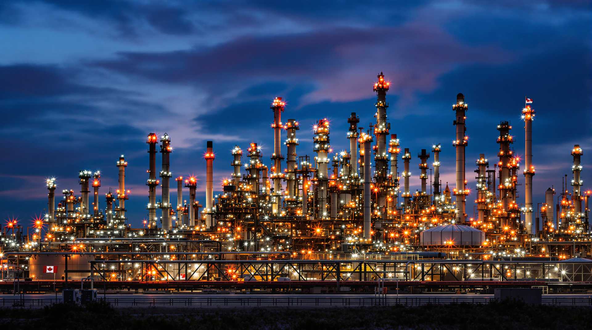 create an image of a "IRVING" Oil refinery at dusk, lots of lights, Canadian Flag. 