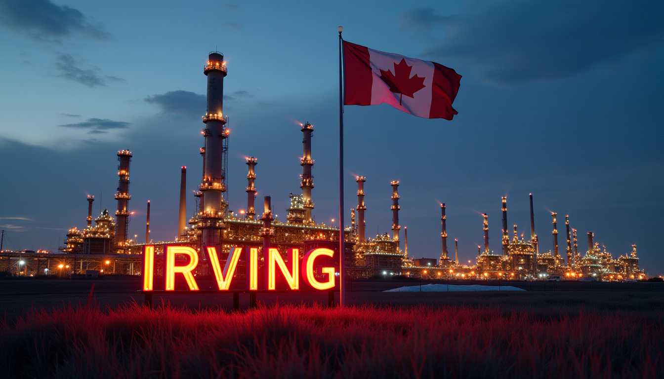 create an image of a "IRVING" sign Oil refinery at dusk, lots of lights, Canadian Flag pole. "IRVING" oil sign