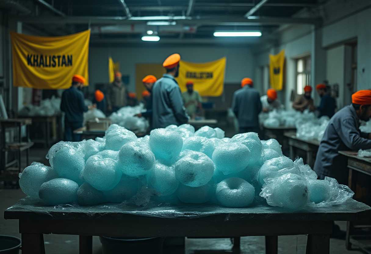 This image appears to be a photograph taken in a dimly lit indoor setting, likely a workshop or a factory. The lighting is subdued, casting shadows and highlights that give the scene a moody and somewhat mysterious ambiance. The focus is on a table in the foreground, which is covered with numerous large, irregularly shaped objects wrapped in bubble wrap. These objects have a translucent, icy blue appearance, and they are arranged in a seemingly random yet dense cluster.In the background, there are several individuals wearing orange turbans, engaged in various activities. They are dressed in casual clothing, and their postures suggest they are working. The turbans are a vivid orange, which stands out against the muted tones of the surroundings. The individuals are scattered around the room, with some working at tables similar to the one in the foreground, and others standing or moving around.The walls of the room are adorned with yellow flags bearing the word KHALISTAN in black letters. The flags are hung at different heights and angles, and they contribute to the industrial and possibly political atmosphere of the scene. The room is equipped with industrialgrade lighting fixtures and has a utilitarian feel, with exposed pipes and conduits on the ceiling.The overall art style of the image is documentary, capturing a reallife moment with a candid and unadorned approach. The medium appears to be digital photography, given the sharpness and clarity of the image. The colors are limited, with the icy blue of the objects in the foreground, the orange of the turbans, and the yellow of the flags creating a striking contrast against the darker background tones. The mood of the image is serious and focused, with a sense of industrious activity and purpose.