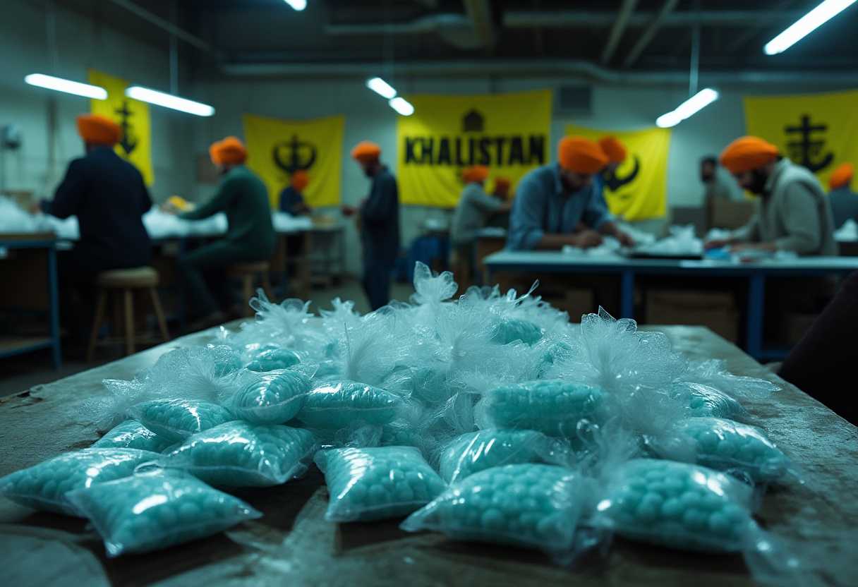 This image appears to be a photograph taken in a dimly lit indoor setting, likely a workshop or a factory. The lighting is subdued, casting shadows and highlights that give the scene a moody and somewhat mysterious ambiance. The focus is on a table in the foreground, which is covered with bags of fentanyl pills, wrapped in bubble wrap bags. These objects have a translucent, icy blue appearance, and they are arranged in a seemingly random yet dense cluster.In the background, there are several individuals wearing orange turbans, engaged in various activities. They are dressed in casual clothing, and their postures suggest they are working. The turbans are a vivid orange, which stands out against the muted tones of the surroundings. The individuals are scattered around the room, with some working at tables similar to the one in the foreground, and others standing or moving around.The walls of the room are adorned with yellow flags bearing the word KHALISTAN in black letters. The flags are hung at different heights and angles, and they contribute to the industrial and possibly political atmosphere of the scene. The room is equipped with industrialgrade lighting fixtures and has a utilitarian feel, with exposed pipes and conduits on the ceiling.The overall art style of the image is documentary, capturing a reallife moment with a candid and unadorned approach. The medium appears to be digital photography, given the sharpness and clarity of the image. The colors are limited, with the icy blue of the objects in the foreground, the orange of the turbans, and the yellow of the flags creating a striking contrast against the darker background tones. The mood of the image is serious and focused, with a sense of industrious activity and purpose.