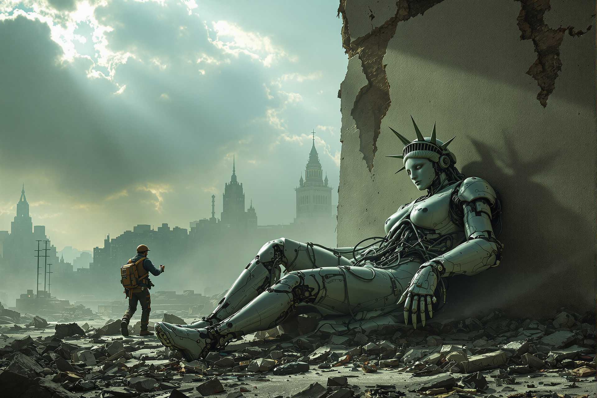 Amidst a desolate, post-apocalyptic cityscape, a weary cyborg resembling the iconic Statue of Liberty slumps against a crumbling concrete wall. Exposed wires and decaying metal limbs showcase sequelae to the hardships of a world ravaged by war. A dim sunbeam struggles to penetrate the suffocating haze of debris and smoke, casting an ethereal glow upon the scene. A lone ragged engineer tries tirelessly to repair the iconic figure with DIY parts.