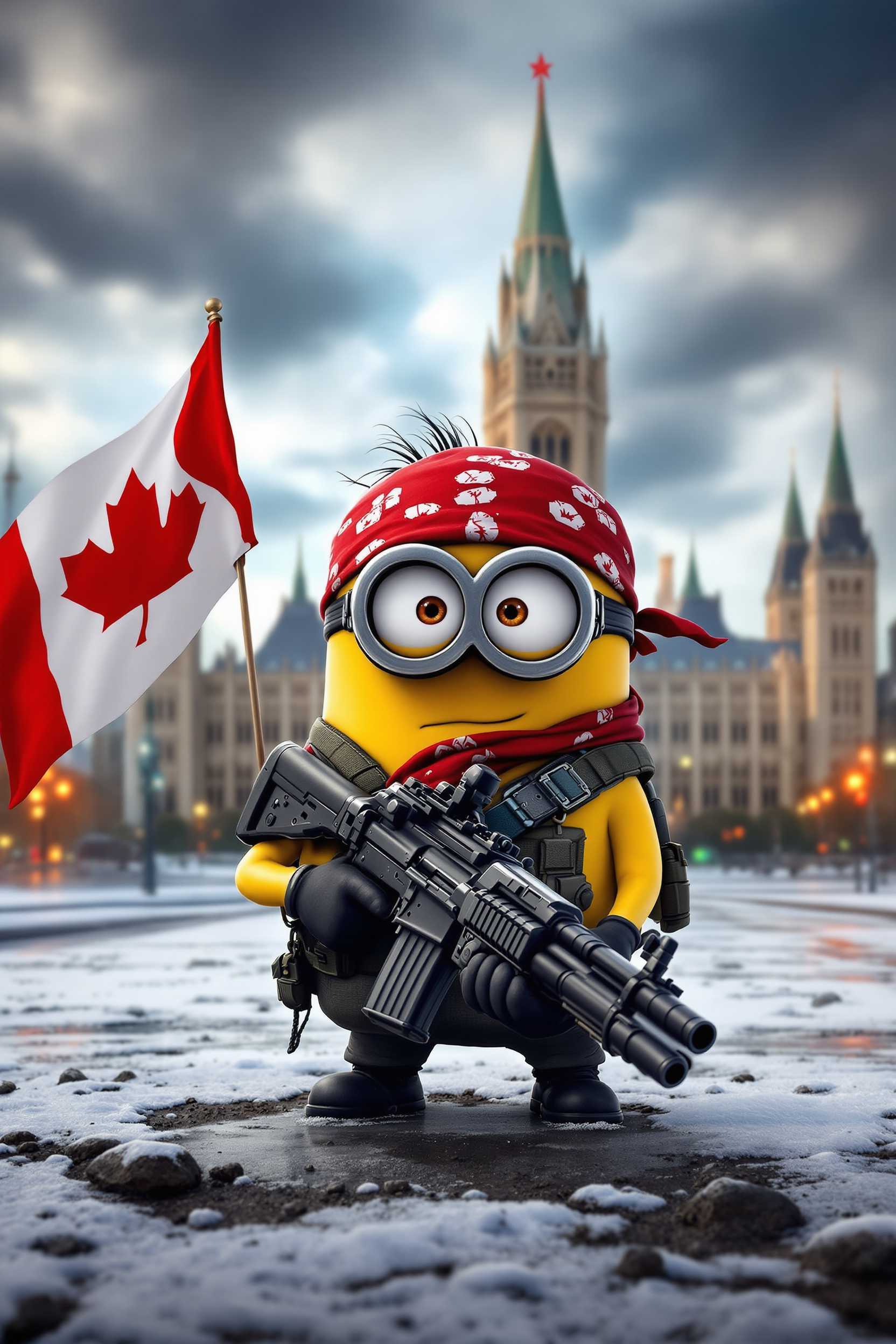 Create a minion dressed up like Rambo, with a head bandana, a bandolier, 
 holding a huge massive machine gun and a Canadian Flag.. background Ottawa parliament building's 