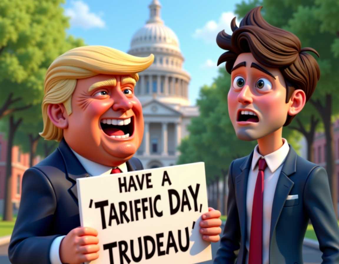 Donald Trump very happy holding a sign, Justin Trudeau angry, text that reads "Have a Tariffic Day Trudeau" disney pixar 3d style