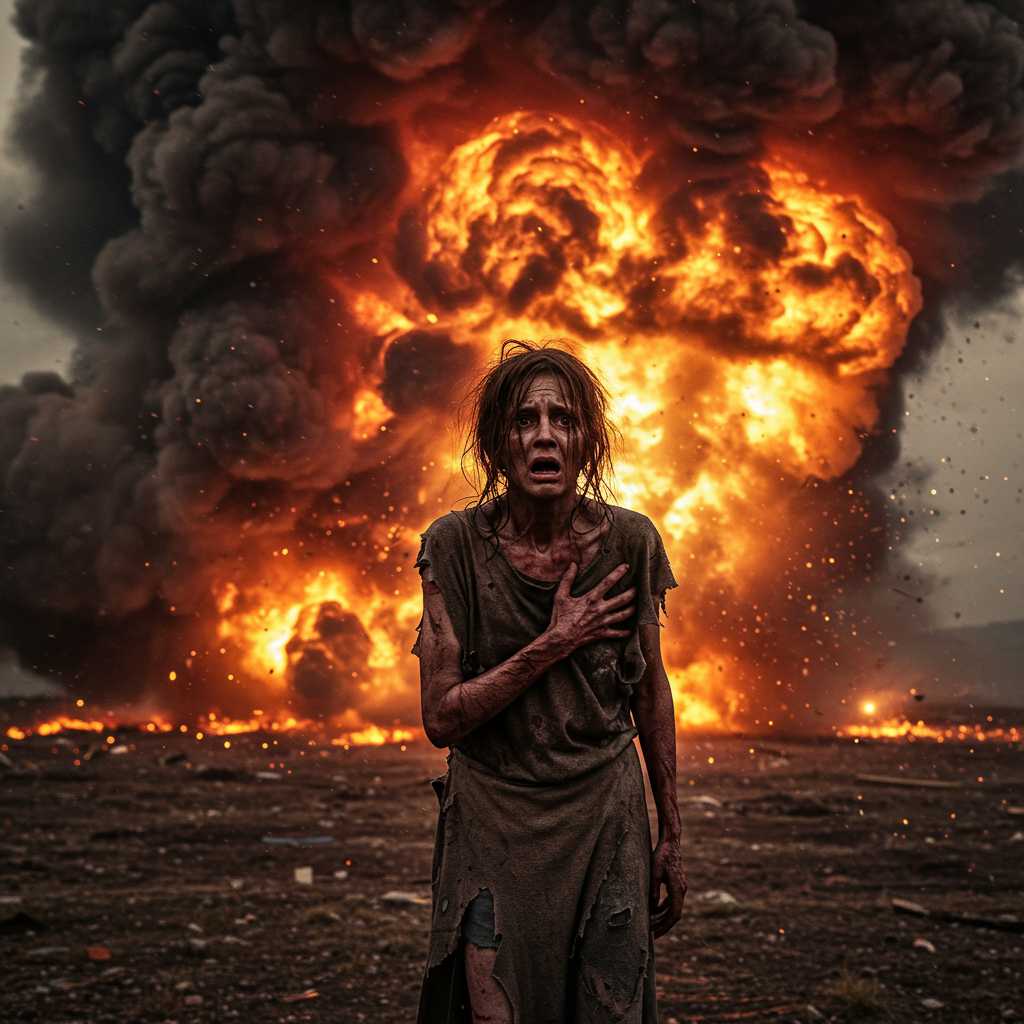 a poor wife in ripped clothes, fear in her face, in front of a big explosion