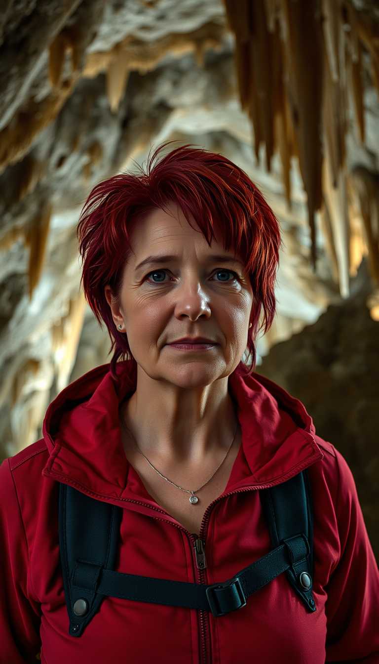 I_face_neutral, realistic front photo of a woman with short red messy hair, wearing a red outdoor jacket, on a expedition inside a very large cave hall luminous crystal cave with stalagnites and stalagtites. The cave walls are adorned with shimmering, multicolored crystals