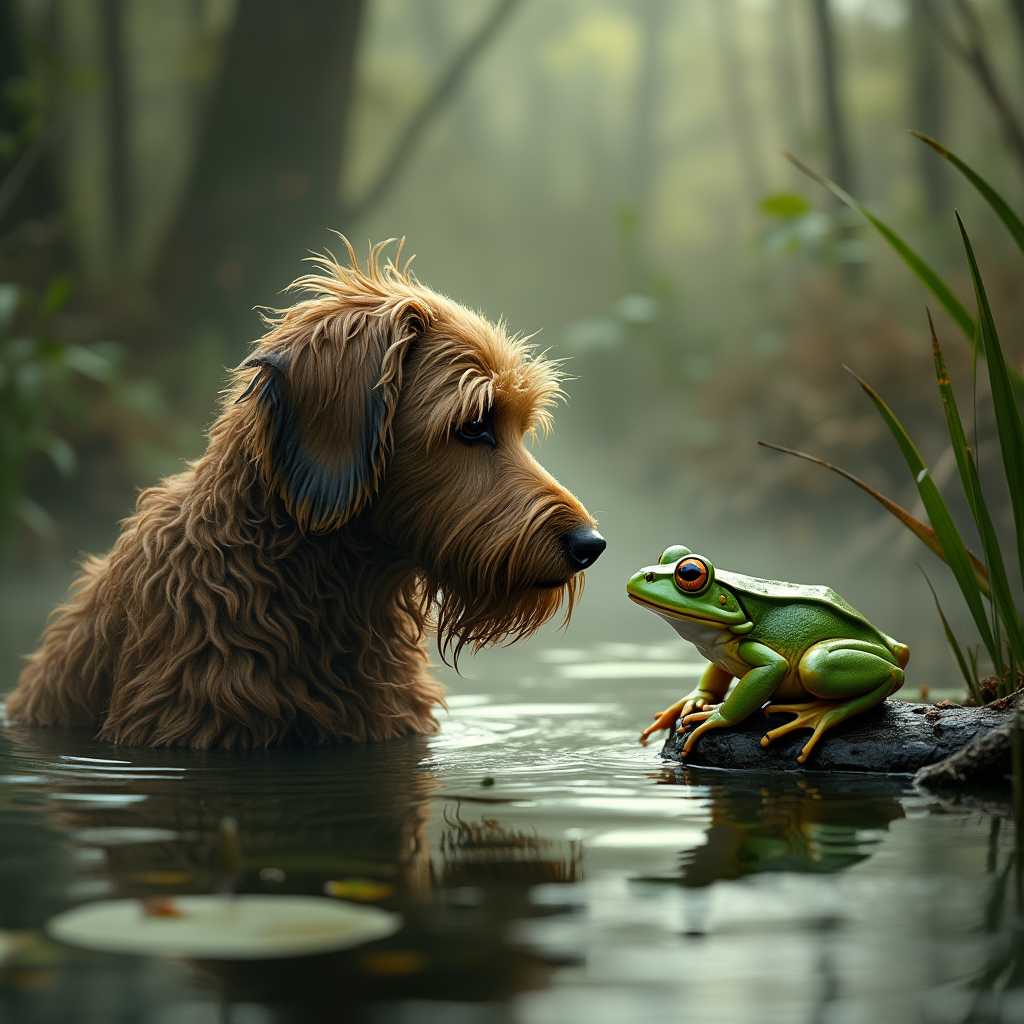 **Prompt:**

Create an image of a **dog** with a **wet, shaggy fur texture**, standing in the **middle of a bog** with **mossy, earthy tones** and **subtle reflections** in the water. The **frog** should be **perched on a lily pad** or **log**, with **vibrant green hues** and **distinctive eye markings**. The scene should evoke a **mystical, serene atmosphere** with **soft, diffused lighting** suggesting **late afternoon**. Employ a **cinematic wide-angle lens** to capture the **expansive, misty bog environment**. Use a **photo-realistic** style with **high dynamic range (HDR)** to emphasize the **rich colors** and **textures** of the natural setting. The **dog** should appear **curious or playful**, looking at the **frog**, creating a **narrative of interaction** within this **wild, untouched landscape**.