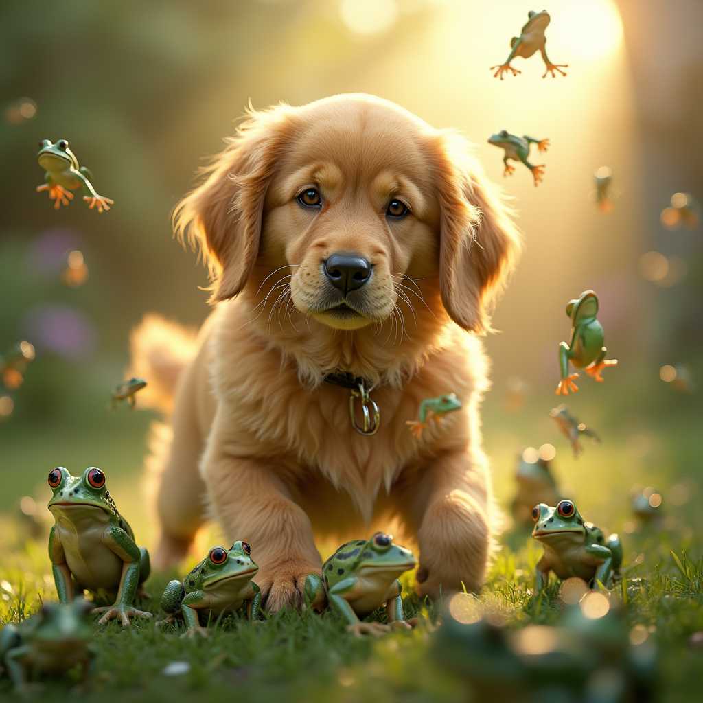 **Prompt:**

Create an image showcasing a **friendly, playful dog** at the center, with **numerous frog elements** subtly integrated into the scene.

- **Visual Details:** The dog, possibly a Golden Retriever or similar breed, should have **soft, fluffy fur** that glistens with **morning dew or mist**, capturing the light beautifully. The fur should have a **rich, golden hue** with highlights and shadows accentuating its texture. Introduce **multiple frog elements**; these can be small frog figurines scattered around the garden, a **frog-patterned collar**, or even a **frog-shaped toy** near the dog. The frogs should be **realistically rendered** but in a **whimsical, surrealistic style**, with their textures and colors subtly blending into the environment.

- **Style:** Adopt a **hyper-realistic** approach with **surrealistic touches**, where the realism of the dog contrasts with the playful, dream-like integration of frog elements. Use **soft focus** for background elements to enhance the dog's prominence, while the frogs remain sharp to create a **dreamy yet tangible** effect.

- **Composition:** The dog should be **looking directly at the camera** with an inviting, cheerful expression, in a **dynamic pose**—perhaps with one paw slightly raised or in the act of playfully bounding towards the viewer. Position the frog elements **throughout the scene**, some in the periphery, others integrated into the dog's immediate environment, ensuring they do not compete with the dog for attention but add to the overall charm.

- **Mood and Atmosphere:** The scene should evoke a **light-hearted, cheerful mood**, set in a **lively garden** with **golden hour light** casting through the trees, creating a **warm, inviting atmosphere**. A gentle breeze is implied by the movement of leaves and grass, and the **frogs should appear as if they are part of this serene, playful environment**.

- **Technical Aspects:** Utilize **shallow depth of field** to keep the focus on the dog, with the background slightly blurred, yet allowing the frogs to be visible. Employ **high dynamic range (HDR) lighting** to capture the details in both shadows and highlights, enhancing the visual depth and richness of the scene, ensuring the frogs stand out in their own subtle way.

- **Cohesion:** All elements should harmonize to create a **believable yet playful scene**, where the dog remains the star, but the presence of numerous frogs adds a delightful, surprising layer to the image