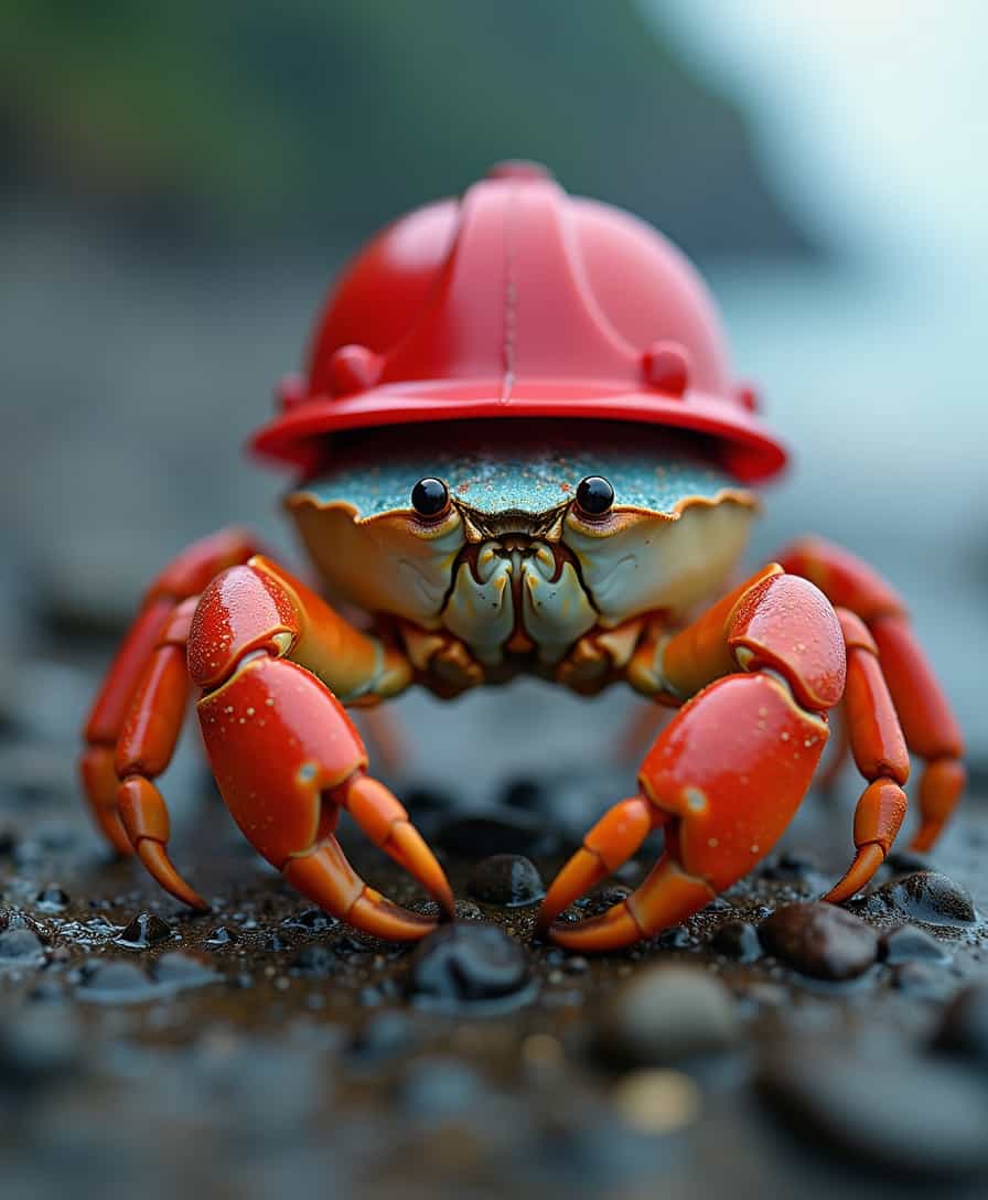 photorealistic closeup of crab on the breach wearing a red base cap, bokeh