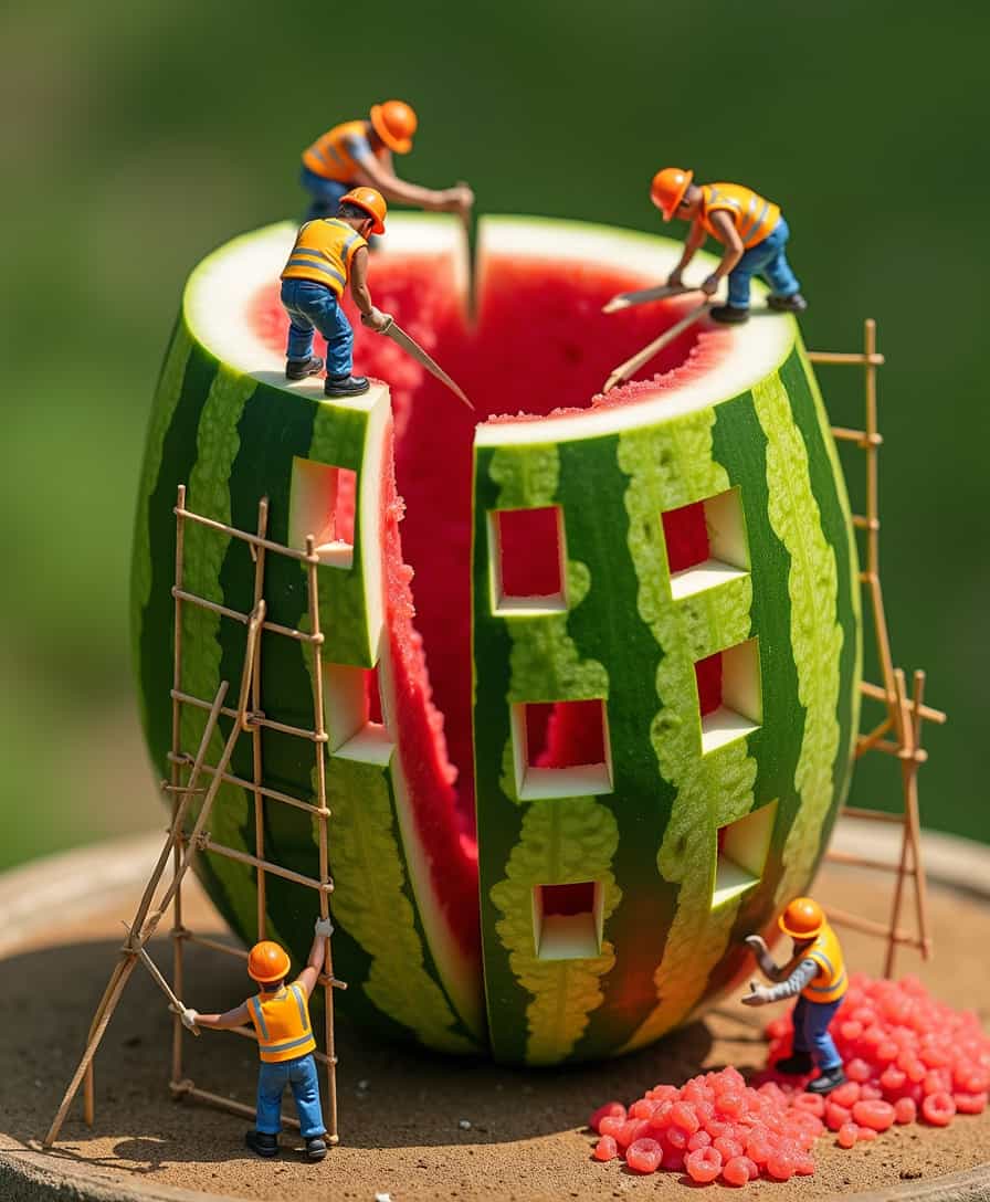 Mini construction workers are carving a huge watermelon as if it were a skyscraper under construction. Some are on scaffolding cutting away the red pulp, while others are installing "windows" made of watermelon seeds. The bright green skin of the watermelon contrasts with the deep red inside. Workers wear reflective vests and orange helmets. Sunny day lighting, with soft shadows that add realism to the scene. Aerial shot with isometric perspective, showing the scale of the work compared to the watermelon.

