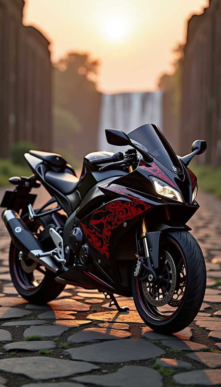 A stealthy black ninja 400 motorbike, its sleek design stark against the backdrop of an ancient ruin at sunset. The motorcycle glistens in the fading light, showcasing intricate patterns etched into its scarlet frame. In the distance, a majestic **waterfall**cascades over the ancient stones, adding a sense of serene beauty to the scene. This stunning photograph captures a moment of juxtaposition between modern machinery and ancient architecture, creating a striking and captivating image, showcasing**ancient god like** scenery 