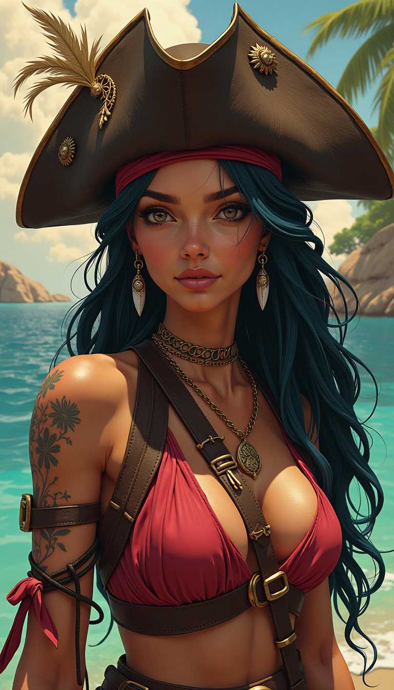 ((epic artwork by Frank Frazetta.)) Original extremely beautiful Feminine Native Caribbean pirate captain sci-fi nomad main character.  (((gorgeous details)))  Detailed 8k image, Unreal Engine 5 render,  depicting a feminine Caribbean pirate captain against a vibrant, detailed background, with a strong contrast between character and setting. This contrast between the fantastical character and the more bold color scheme and elements gives the piece an intriguing narrative quality. Rendered in stunning 4K and UHD resolution with Octane Render CGI technology. Her expressive, charming eyes and soft, delicate facial features arouse admiration, creating a welcoming and adorable presence.  vibrant background, (((rule of thirds))) ultra high definition, 8k, unreal engine 5, best quality, ((Image depicts a detailed.)) 