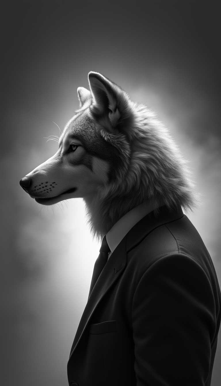 Profile portrait and backlight of the head of a humanoid wolf with a suit and tie, black and white, epic, honor, high key