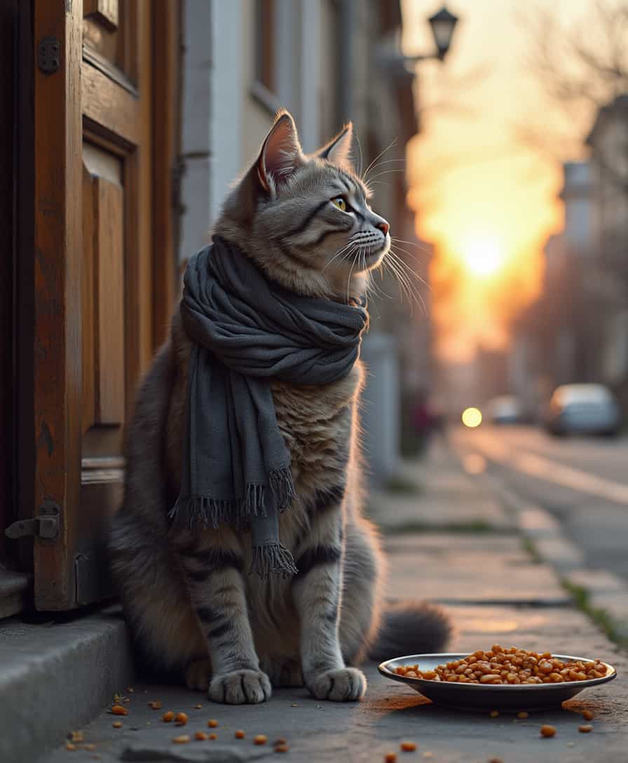 The same elderly cat is now sitting at the entrance of the house, supported on two legs. His scarf looks even more worn, and he gazes at the horizon with half-closed eyes, full of longing. Beside him, a plate of food remains untouched. The street is empty, and the sunset light gently reflects off his grayish fur. His slightly hunched body conveys exhaustion and loneliness