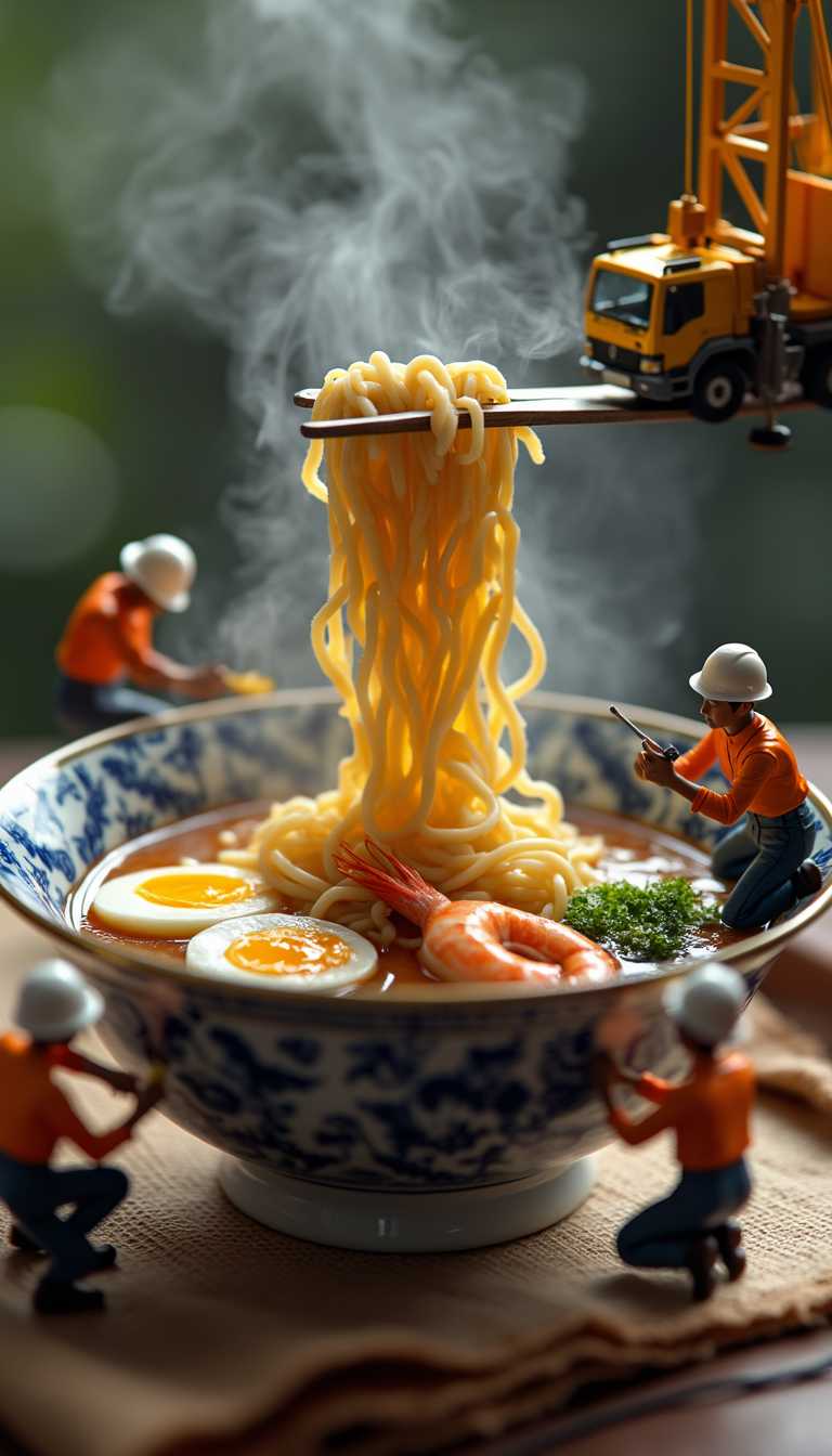 A highly detailed and cinematic close-up of a steaming bowl of ramen with rich broth, soft-boiled eggs with golden yolks, juicy shrimp, and curly noodles. A realistic miniature crane delicately lifts a portion of noodles directly from the bowl, without any plate, making it appear as if the crane is pulling the noodles up. Tiny construction workers in orange safety vests and white helmets surround the bowl, appearing to "construct" or "prepare" the ramen. Some workers are kneeling, others are using tiny tools to interact with the noodles and ingredients. Soft, warm lighting with a dreamy bokeh background enhances the atmosphere, while steam rises naturally from the hot ramen. The bowl is a traditional Japanese porcelain design with intricate blue patterns. Ultra-realistic textures, depth of field, and intricate miniature details for a hyper-realistic, whimsical scene