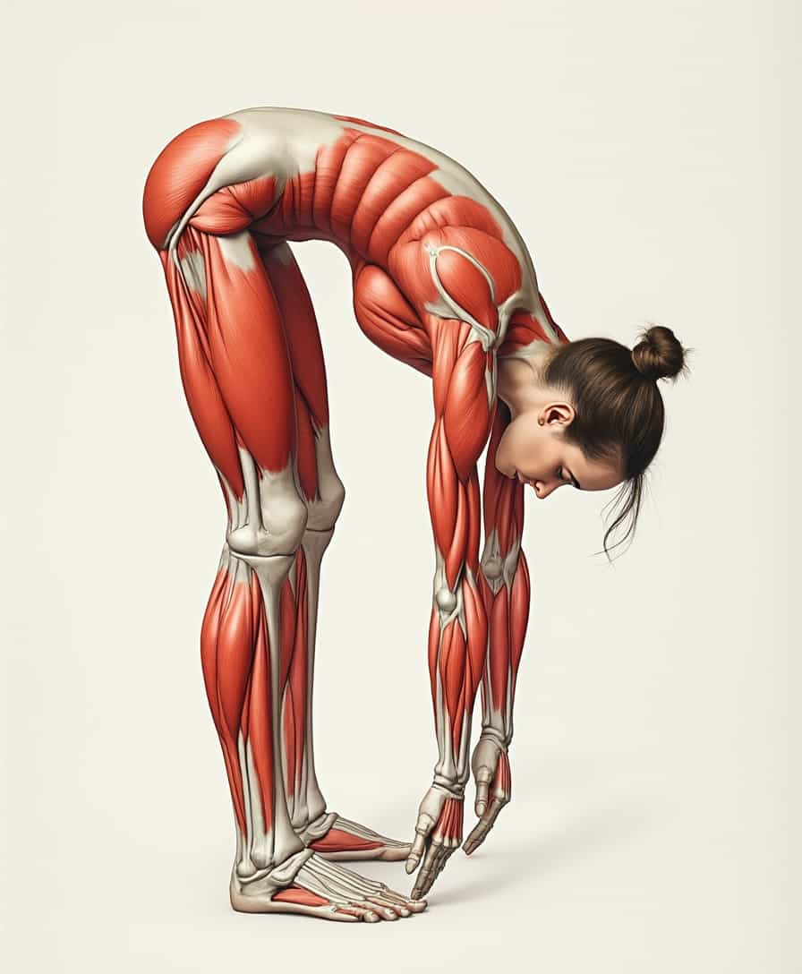 A highly detailed anatomical illustration of a woman performing the Standing Forward Bend (Uttanasana) yoga position. She is standing with her legs straight, bending forward at the hips, and reaching her hands toward her feet. Her head is tucked down, and her back is elongated, emphasizing flexibility in the hamstrings and spine. The image focuses on her muscle structure, with specific emphasis on the activated muscles, highlighted in red. The background is plain white to emphasize the anatomy and the pose. The overall style is medical and instructional, clearly depicting the muscles in a realistic and educational way.
