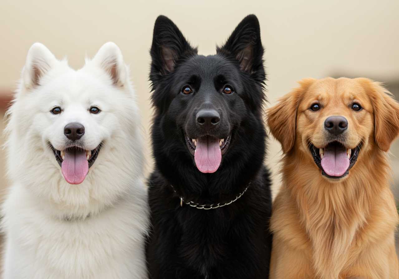 Three dogs of distinct breeds, a fluffy white Samoyed with a pink nose, a sleek black German Shepherd with a shiny coat, and a playful golden Retriever with a wagging tail, standing side by side, looking directly at the camera with widely spaced eyes, their tongues lolling out of their mouths, smiling from ear to ear, exuding joy and friendliness, their fur slightly ruffled as if they've just been playing together, the Samoyed's fur fluffed up around its face, the German Shepherd's ears perked up, and the golden Retriever's ears slightly bent, all three dogs radiating an irresistible cuteness and charisma, set against a soft, creamy background that complements their natural colors, with a shallow depth of field to blur the surroundings and focus attention on the canine trio's endearing facial expressions.