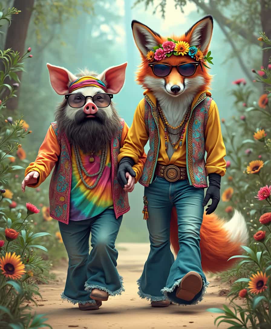 A bearded pig, adorned with colorful, flowing hippie attire, including a vibrant tie-dye shirt, bell-bottom jeans, and a headband, strolls along with a majestic, handlebar-moustached fox, also dressed in hippie regalia, featuring a paisley patterned vest, flared pants, and a flower crown, both sporting trendy, oversized sunglasses, surrounded by lush greenery and psychedelic patterns, evoking a sense of peace and free-spiritedness, with the pig's curly tail and the fox's bushy tail swishing in harmony, as they embark on a carefree adventure.