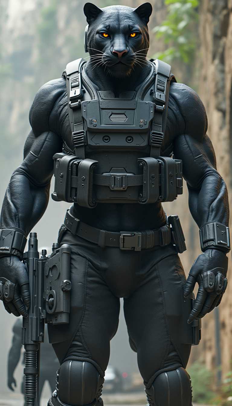 Giant humanoid panther special forces operator: A stealthy panther warrior, over 3 meters tall, with jet-black fur, clear bright eyes, and a muscular build. He dons a sleek combat uniform, armored shoulder straps, and a visor-equipped helmet. He grips a futuristic silenced submachine gun, with a human ally standing ready behind him.