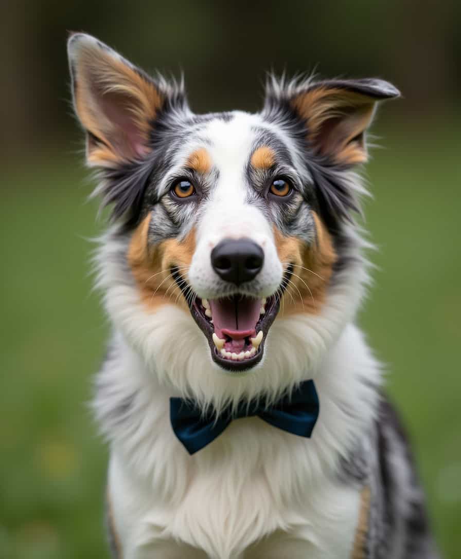 a male Border Collie Blue Merle dog, without a bun, without a bow and with his mouth open





