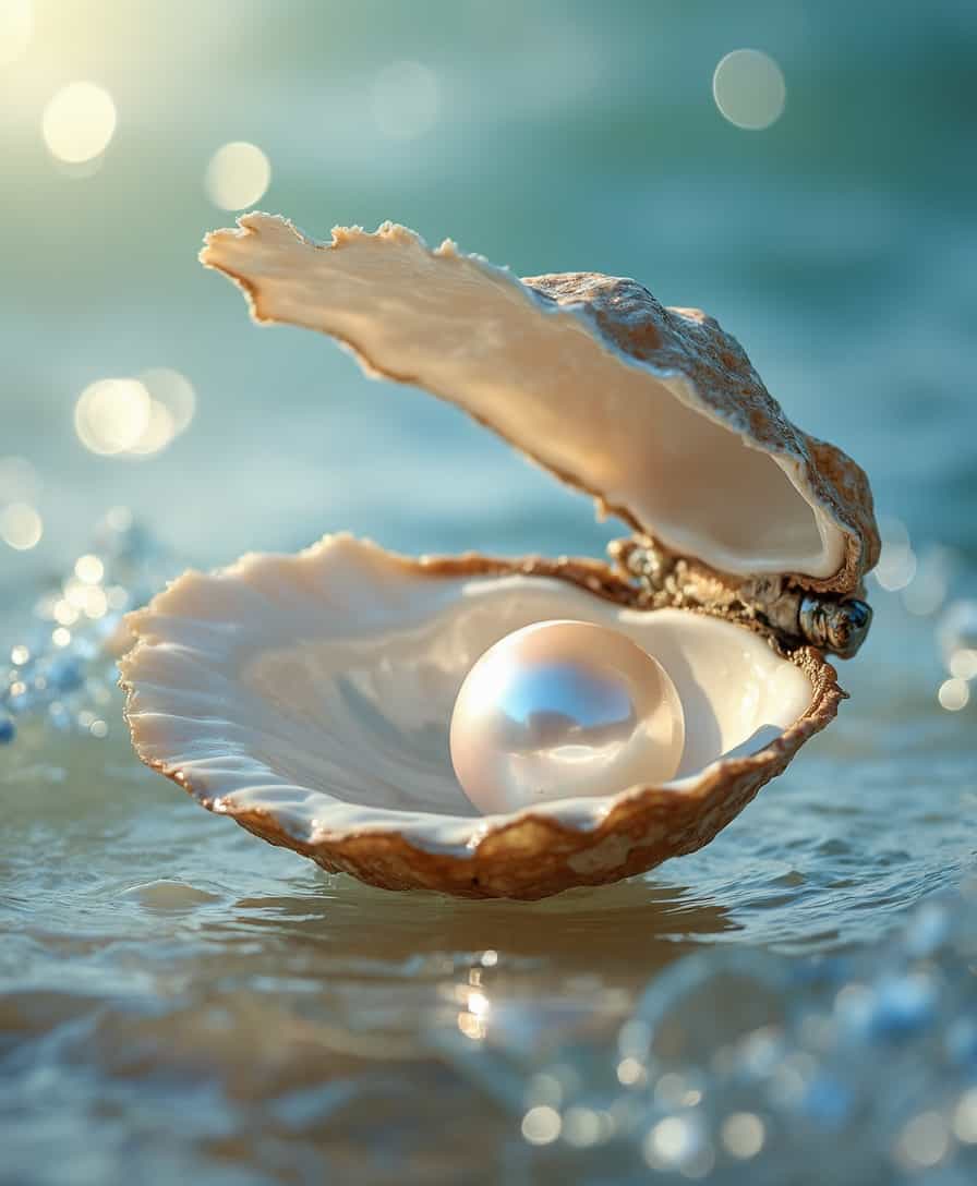 A luxurious pearl resting inside an open oyster shell, glistening under soft, natural sunlight. The background features gentle ocean waves and a dreamy, ethereal glow. The atmosphere feels pure, elegant, and rejuvenating, symbolizing the essence of Akoya Pearl Extract in skincare