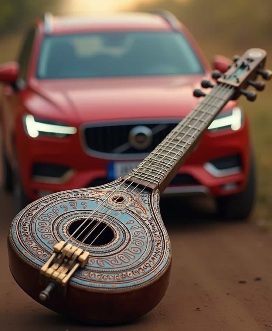 A intricately carved sitar, traditionally adorned with intricate inlays, takes on a mechanical twist, morphing into a wrench, its body featuring a polished metallic surface with subtle hints of copper and brass, the frets and tuning pegs resembling the teeth and handle of a wrench, set against a warm, shallow depth of field background where a blurred, bright red SUV, its outline slightly distorted, can be seen, its headlights and grille subtly visible, with a faint suggestion of motion, as if it's speeding by, the overall effect a fascinating blend of traditional Indian music and modern machinery.





