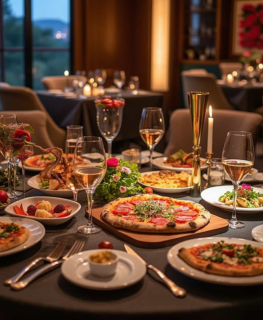 Generate a luxurious and inviting dining scene showcasing an elegant table set with a feast of exotic foods, gourmet pizza, and fine wine in a high-end restaurant. Capture the richness of flavors with beautifully plated dishes, fresh ingredients, and artistic presentation. The table should feature premium details like crystal wine glasses, polished silverware, and soft candlelight to enhance the opulent atmosphere. The background should exude sophistication, with refined interior design, ambient lighting, and plush seating, creating a warm and indulgent dining experience. Emphasize the balance between luxury and culinary artistry, making the viewer feel immersed in an exclusive gastronomic experience.