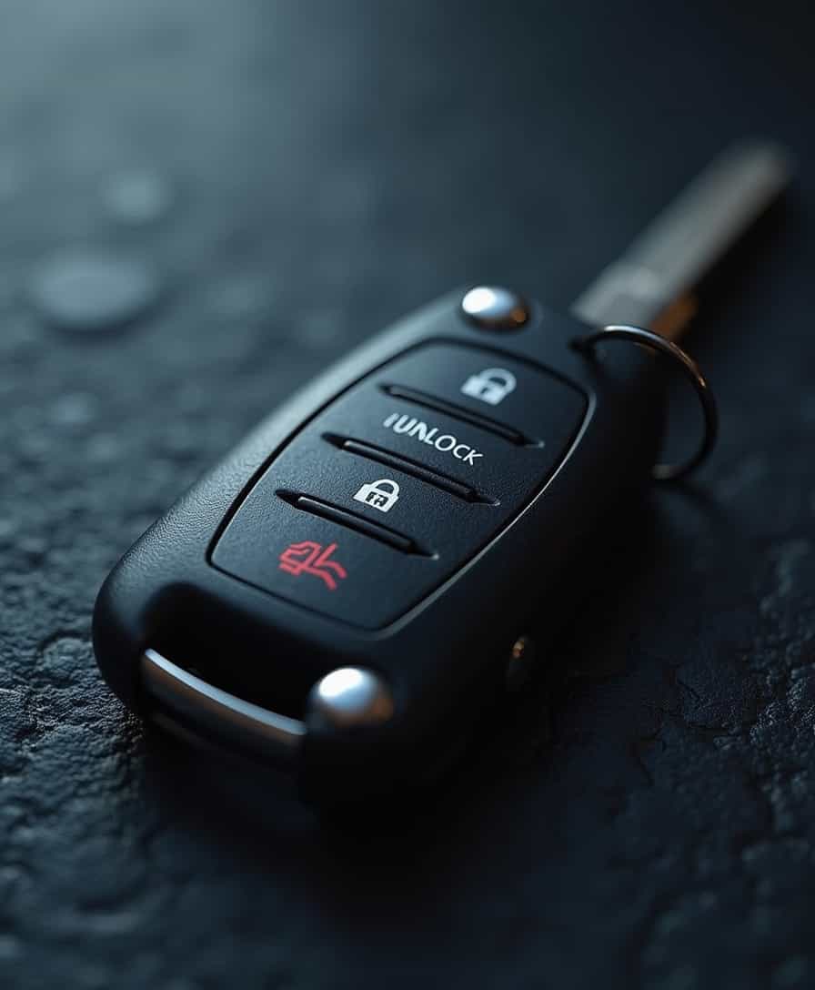 A highly detailed and realistic close-up of a modern car key placed on a dark, textured surface. The key features a sleek black design with metallic buttons for lock, unlock, and trunk release. The key fob has a glossy finish, reflecting soft ambient light. A metallic keyring is attached to it, possibly with a small branded tag. The lighting is moody and dramatic, casting soft shadows for a cinematic effect. The background is blurred to maintain focus on the key. Ultra-realistic style, high resolution, emphasizing fine details and textures.




