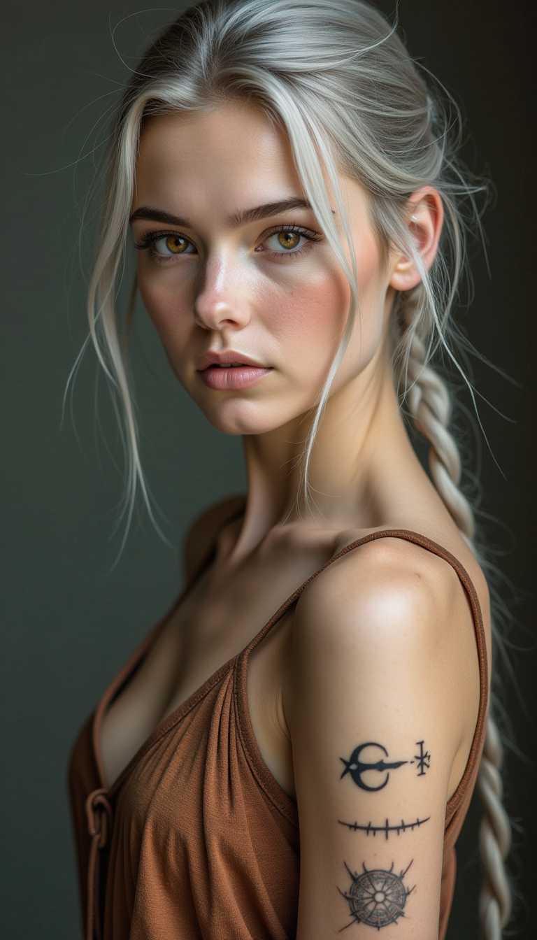  a willowy woman. Her soft, clean, deep-silver hair has been loosely braided and drifts down to the hip. Her youthful face is home to meticulously trimmed brows and long lashes on a set of round bright amber eyes flecked with shades of copper that contrast against her smooth ivory skin. The inside of her left wrist bears a bold branding mark that has been cut through with long and jagged scars that run up to the elbow. Three black lines and a small plus sign within a circle have been tattooed under her right ear.

