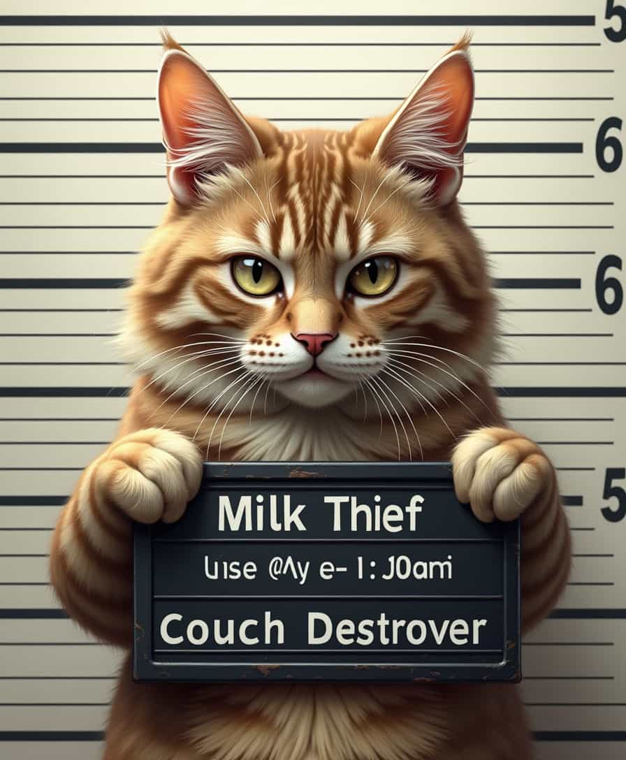 "A highly detailed and realistic digital illustration of a mischievous-looking cat in a classic police mugshot. The cat stands on its hind legs, holding a black police booking board with both front paws. The board displays a funny criminal ID and name, such as 'Milk Thief' or 'Couch Destroyer.' The cat has ruffled fur, intense eyes, and a slightly guilty expression. The background features a height chart with black horizontal measurement lines, just like a real mugshot setup. The lighting is soft and even, emphasizing the details in the cat’s fur and face. The image has a slightly gritty, high-contrast look, giving it an authentic police photo feel. No clothing on the cat, keeping it natural."
