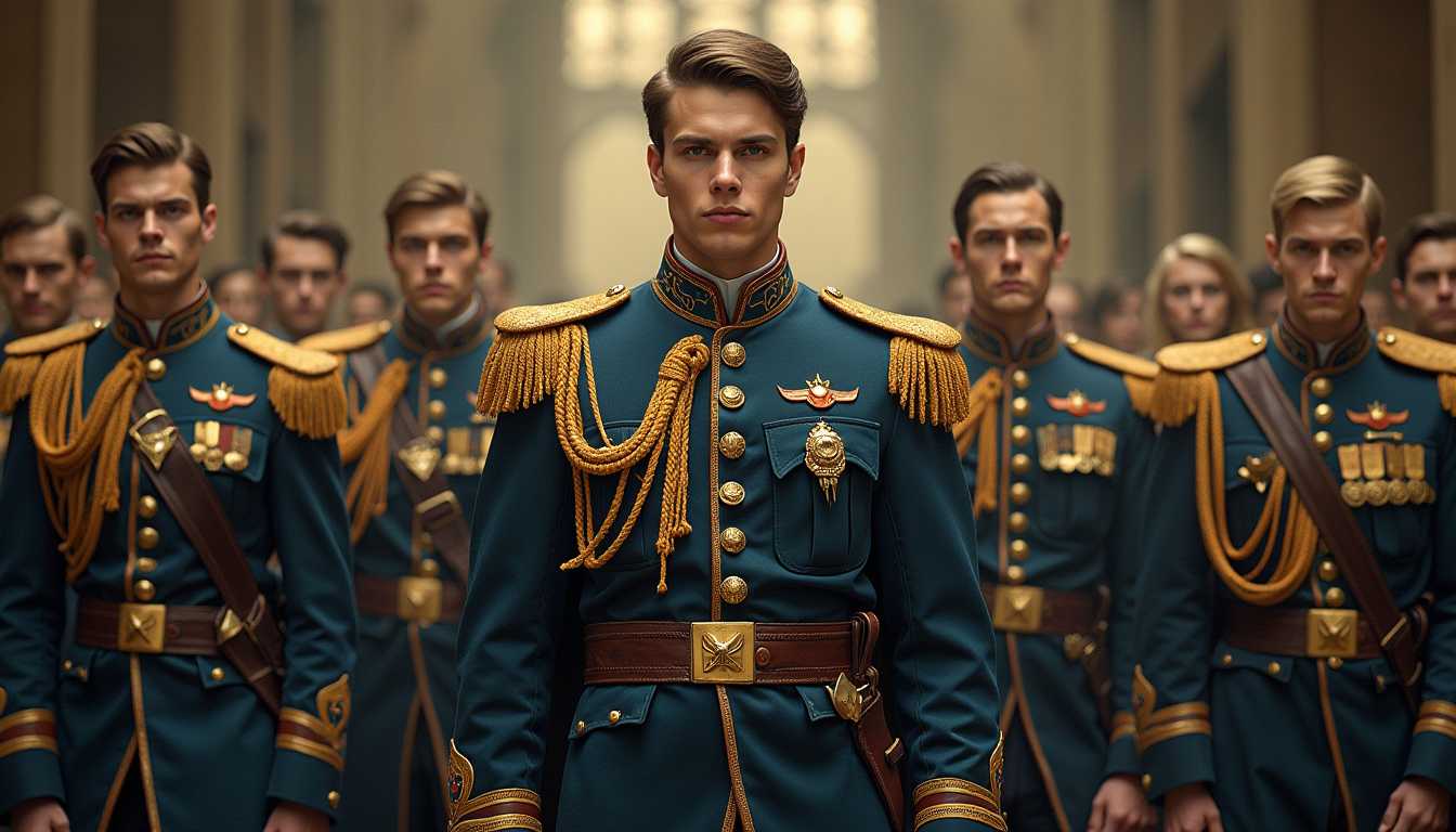 In a world of fantasy, the school military uniforms are depicted in exquisite detail: the male uniforms boast intricate gold embroidery and finely crafted leather accents. This stunning image, resembling a vivid painting, captures the essence of discipline and elegance in a magical academy setting. Each uniform, meticulously designed, evokes a sense of power and authority, merging seamlessly with the mystical backdrop. These uniforms stand as a testament to the artistry and craftsmanship of the artist, providing a visual feast for the eyes.